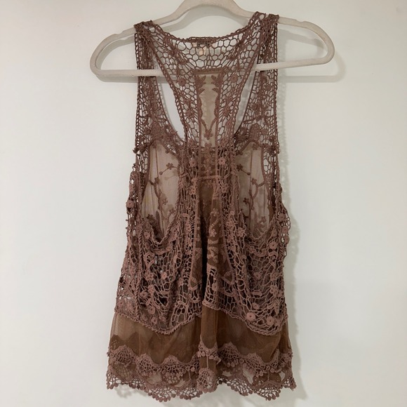 Umgee Crochet Lace Mesh Tank Top Womens M/L Brown Racerback Boho | Cottagecore - Picture 3 of 7